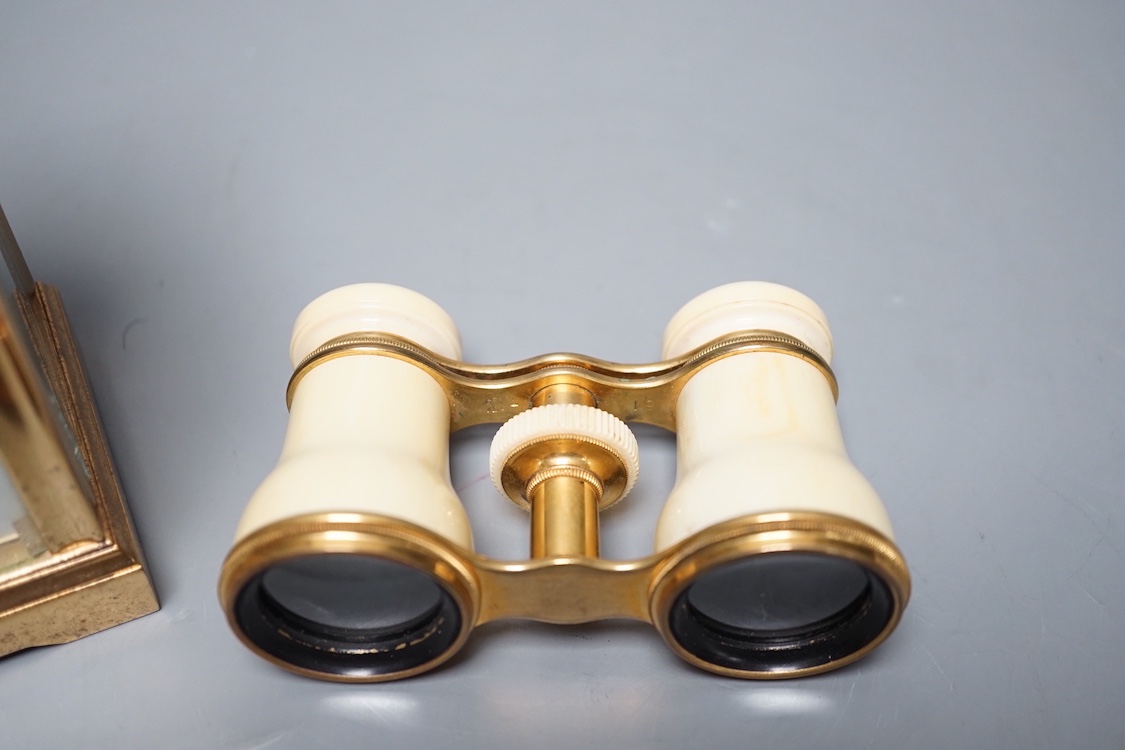 A Mauchline ware snuff box, cased Ivory opera glasses and a brass cased carriage timepiece